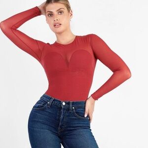 POPILUSH SHAPEWEAR ILLUSION MESH LONG SLEEVE TUMMY CONTROL BODYSUIT RED - 3XL